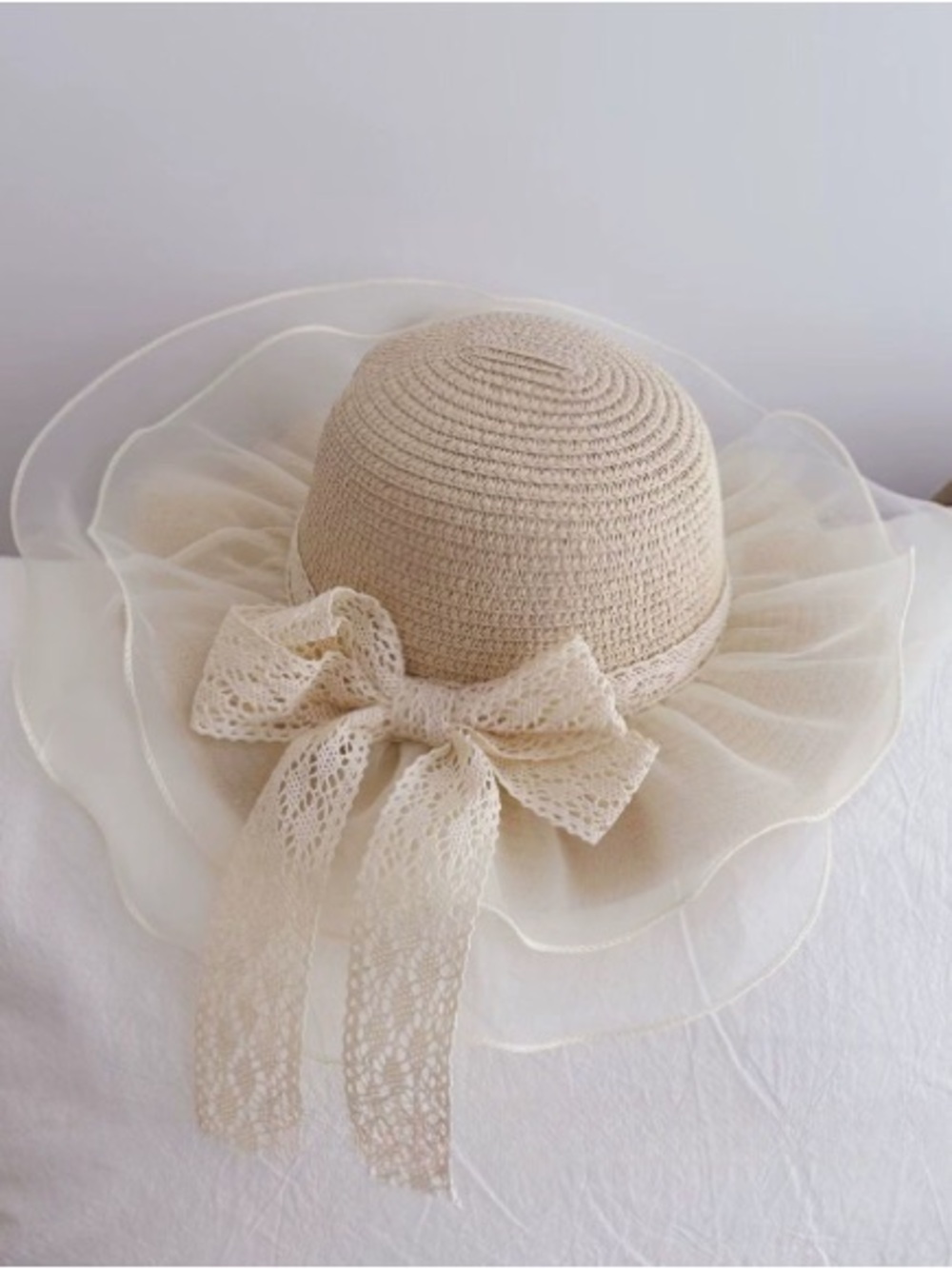 Wide Brim Crochet Sun Hat with Lace Bow - Cream